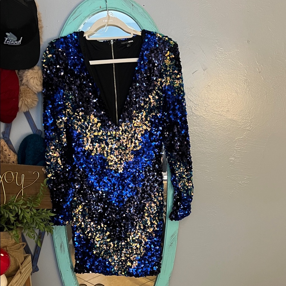 FASHION NOVA Blue and Gold Sequin Dress